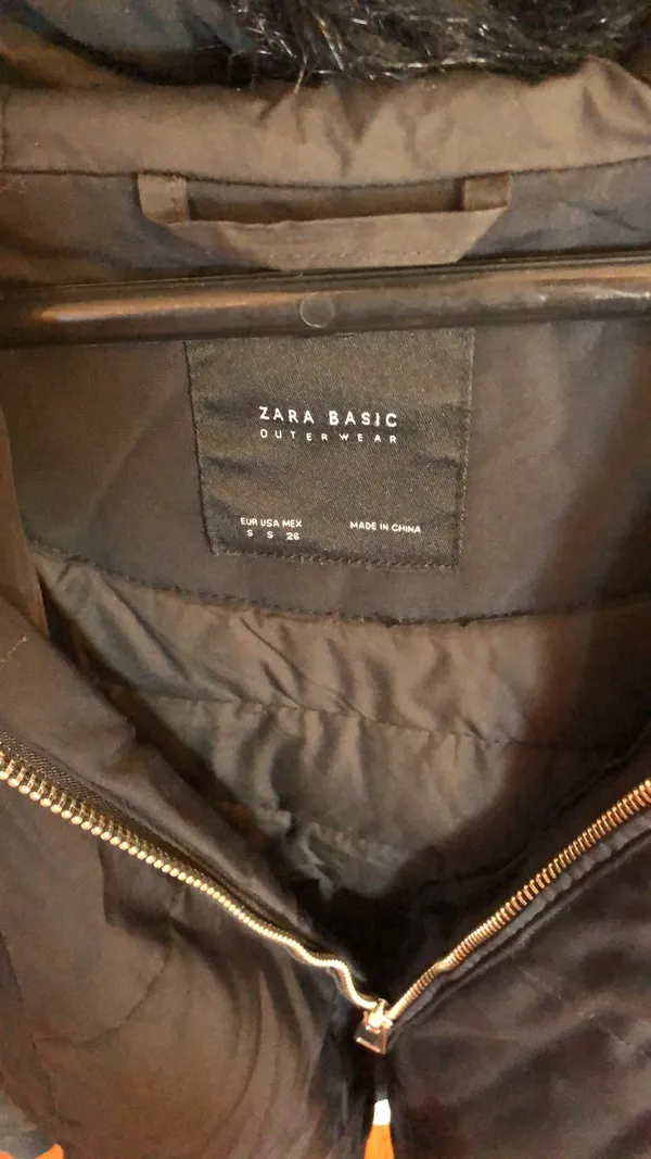 ZARA BASIC Outerwear long black jacket coat with fuzzy hood size small - Image 10