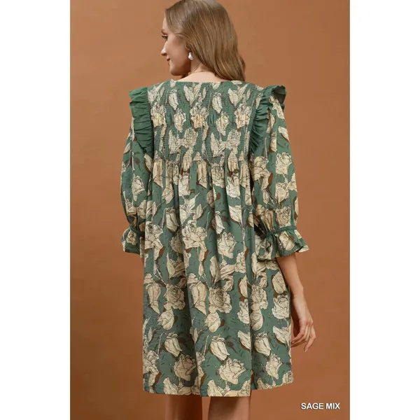 Umgee Mix Floral Print‎ Smocked Ruffle Detail Flowy Dress - Sage Mix - Small - Image 3