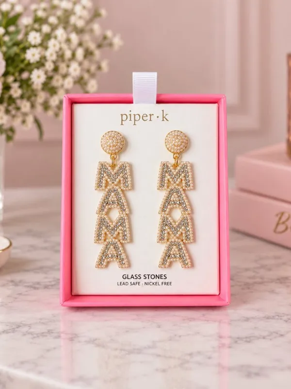 Piper K MAMA Statement Earrings Glass Stones Gold Tone 3” NWT - Image 3