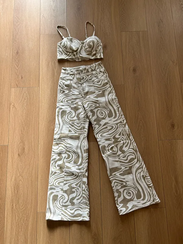 Neutral Swirl Print High-Waist Wide Leg Pant Set - Image 2