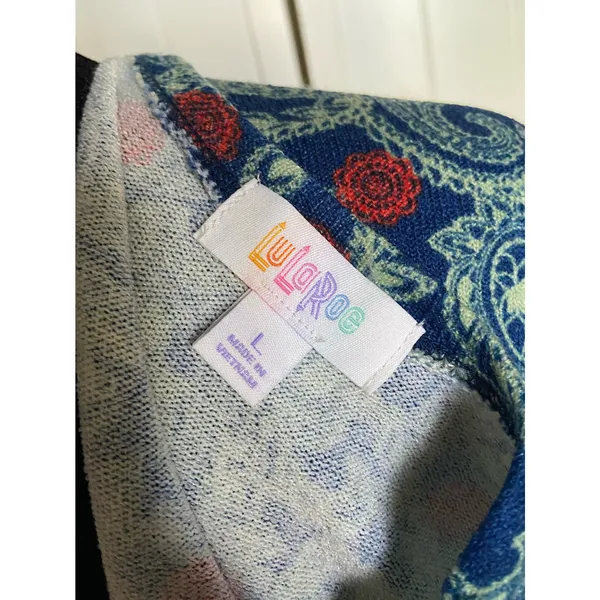 LuLaRoe Womens Duster Size Large Sarah Blue‎ Yellow Orange Paisley Knit Long NEW - Image 4