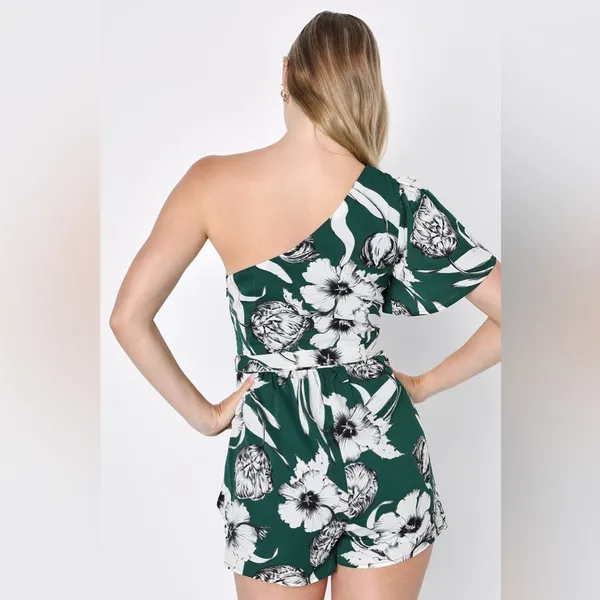 Lulus Flawless Moments Green Floral Print One-Shoulder Romper - Image 2