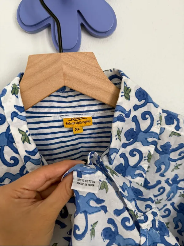 Roller Rabbit XL PJ Monkey Button Up Long Sleeve Shirt Blue Cotton Lounge White - Image 3