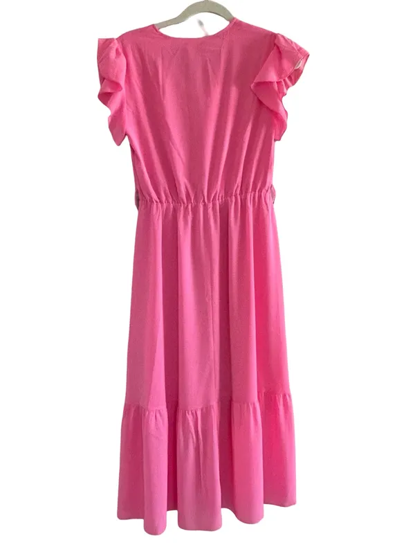 Prettygarden pink boho flowy Maxi wrap dress V Neck short Ruffle sleeve NWT SM - Image 6