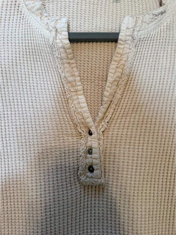 Free People Cream Waffle Knit Henley Long Sleeve - Image 4
