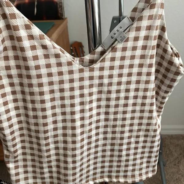 Brown and cream checkered print top - Image 2
