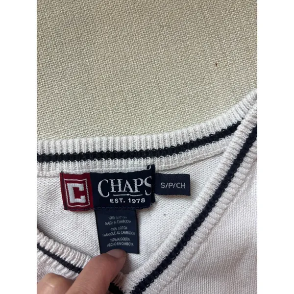 Chaps V-Neck Sweater Small Cream Preppy‎ Collegiate Cotton Knit Logo - Image 3