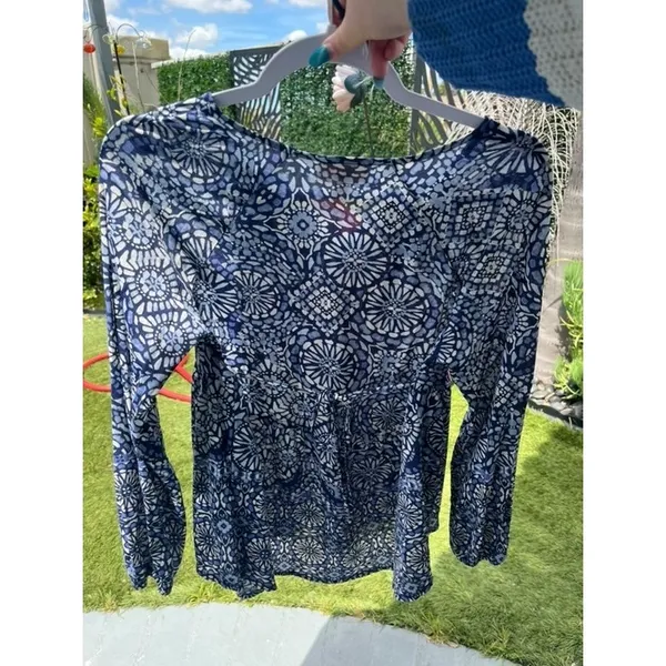 Style&Co Blue Medallion Print‎ Boho Peasant Blouse Tassel Tie Babydoll Top Small - Image 4