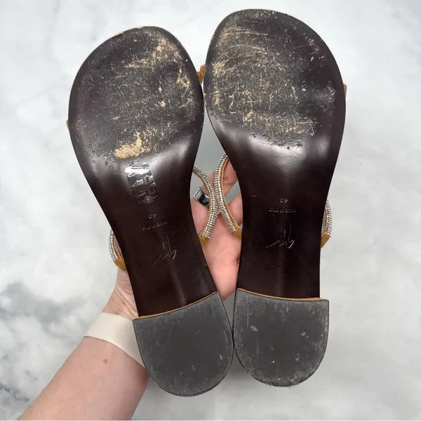 Giuseppe Zanotti Suede Rhinestone Minimalist Mule Sandal Heels Brown 40 - Image 10