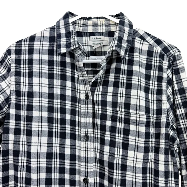 LL Bean Black/White Scotch Plaid Cotton Flannel Button Shirt Relaxed Fit MEDIUM - Image 4