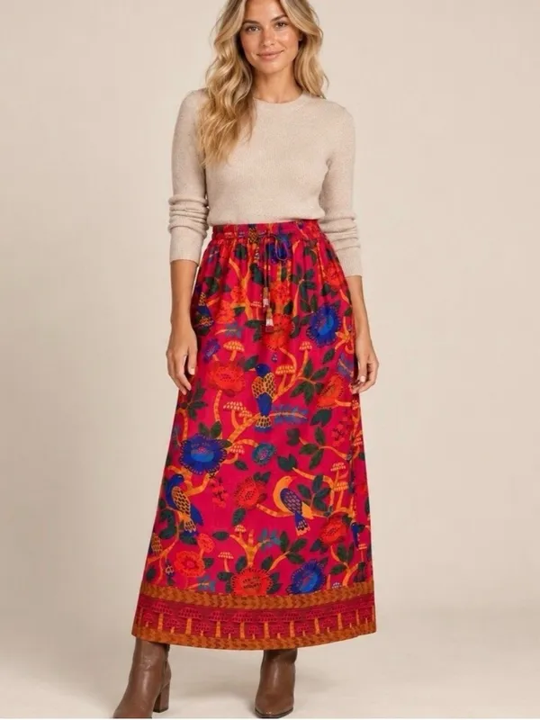 FARM Rio for Anthropologie Pink Bird Mushroom Floral Maxi Skirt XS - Image 2