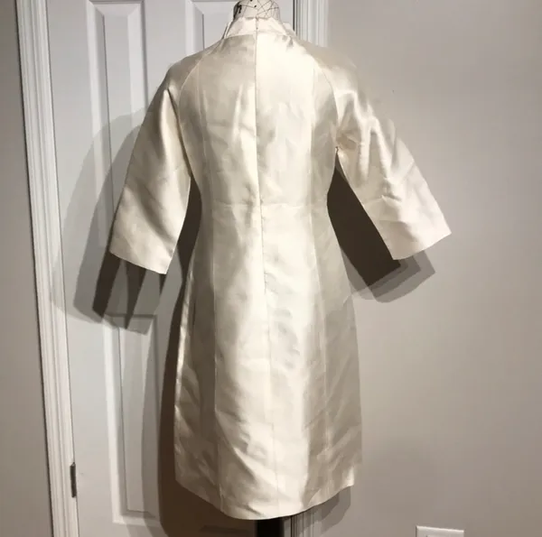 Silk Satin Vintage Ivory A-line Midi Shirt Dress 3/4 sleeves Tunic Mock iridescent M - Image 4