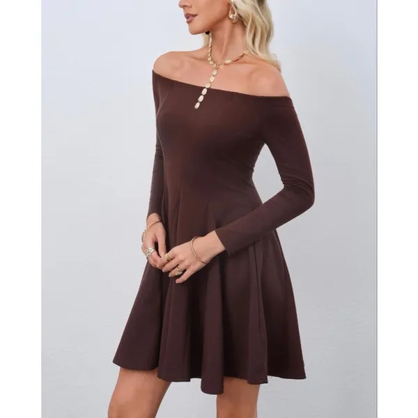 NEW Brown Off The Shoulder Long Sleeve A Line Pleated Mini Dress S - Image 5