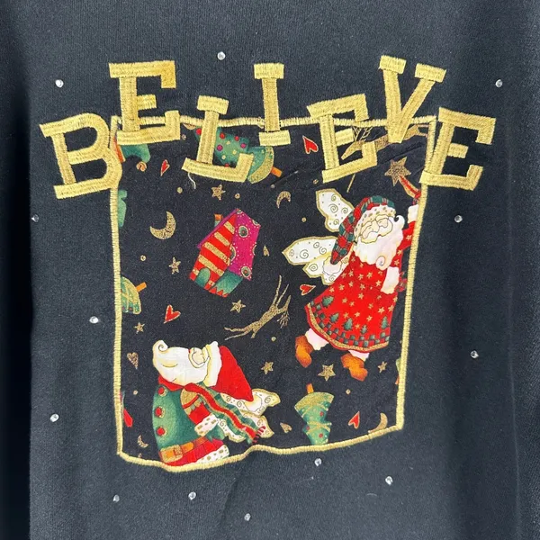 Vintage Quaker Factory Believe Christmas Sweatshirt Santa Angel Black WomenLarge - Image 3