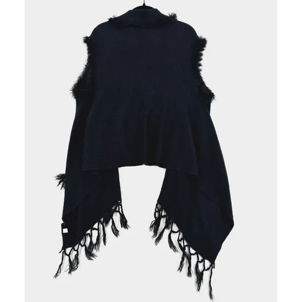 Black Faux Fur Trim Poncho Vest Women Fringe Shawl Cape Boho Gothic One Size - Image 2
