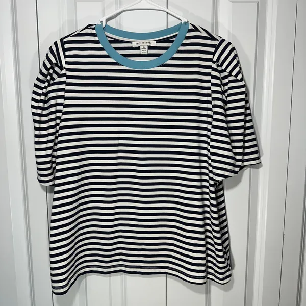 Free Assembly Top Womens XL Navy White Striped Puff Sleeve Ringer Tee Cotton - Image 2