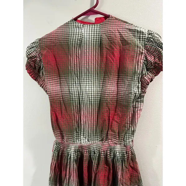Vintage 50's Marcy Allen Original Red Green Plaid Puff Sleeve Button Dress - Image 8