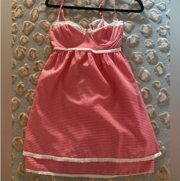 Red gingham dress with lace trim Pink - Image 2