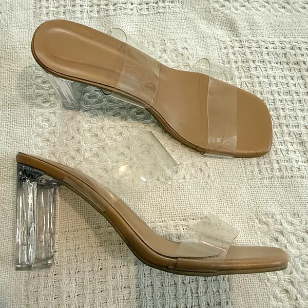 women's 39 rubber clear double strap square toe heels sandal 3089 - Image 9