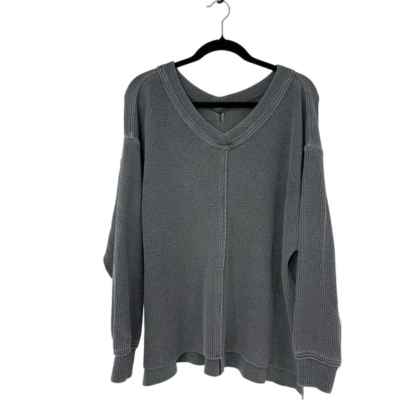 Aerie Wonder Textured V-Neck Sweatshirt Gray Small Oversized Waffle Knit Lounge - Image 3