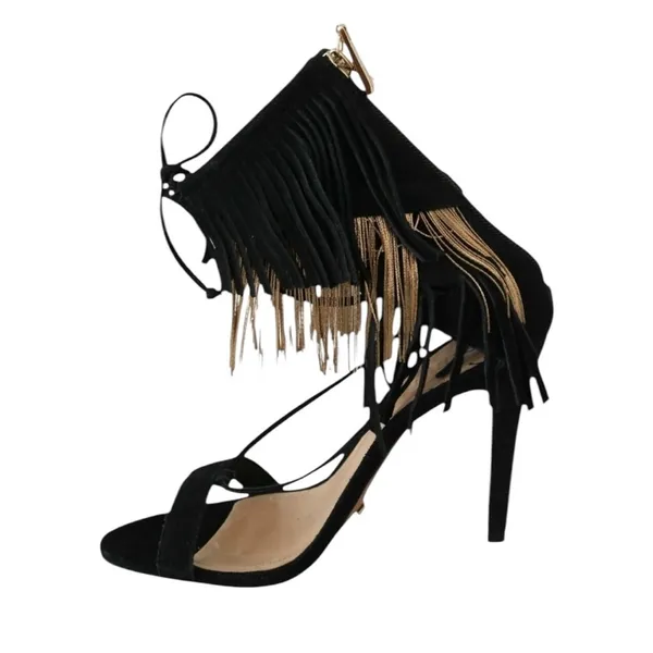 NEW Schutz Fringe Suede Stiletto Sandal Metal and Suede Fringe Black Size 9.5 - Image 8