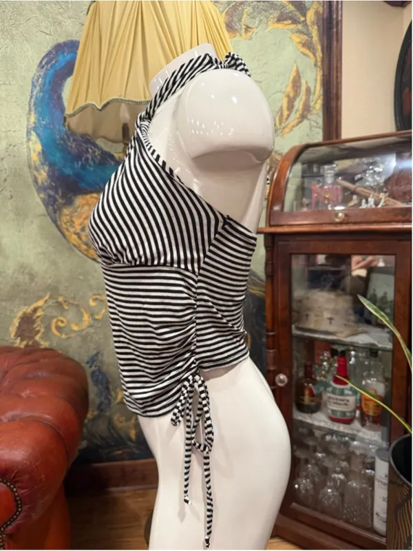 See You Monday Black White Striped Halter Top Ruched Side Tie Y2K NWT Large - Image 5