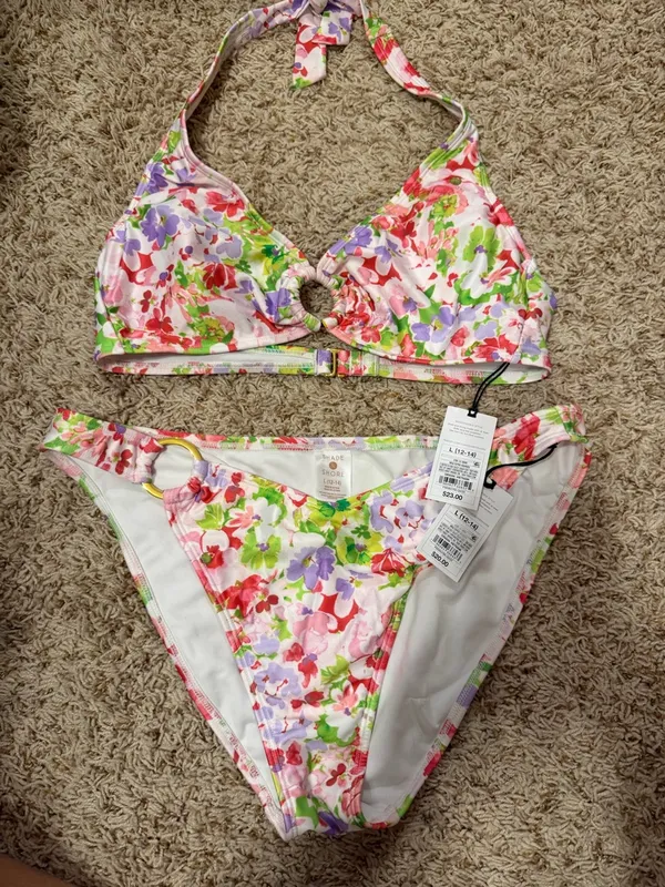 Shade & Shore Floral Halter Bikini in Pink, Green, Purple - Image 2