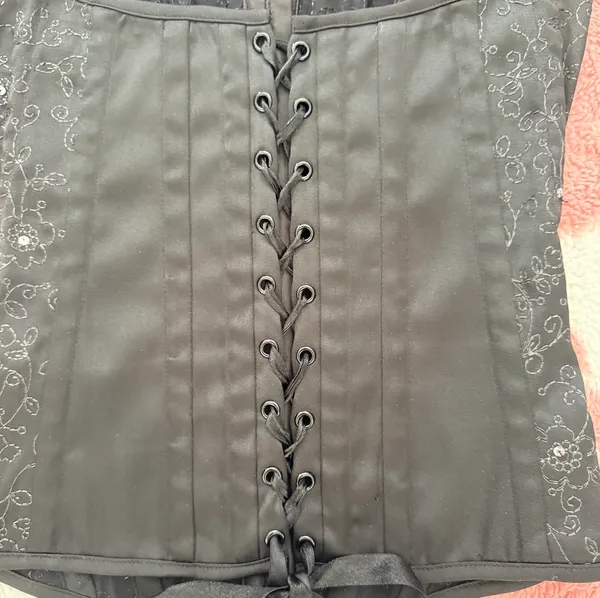Vintage Y2K Black Corset Top w/ Floral Embroidery & Rhinestones 🖤 Gothic Coquette Bustier Small - Image 6