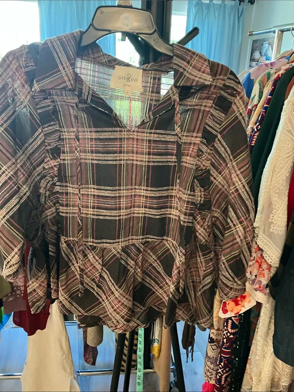 Umgee Brown and Pink Plaid Peplum Tunic - Image 2