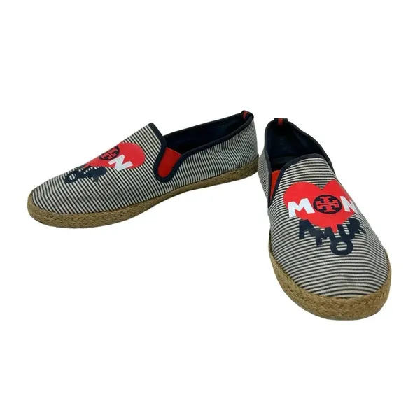 Tory Burch Mon Amour Navy Blue Red Stripe Heart Espadrille Flats‎ Size 10 - Image 5