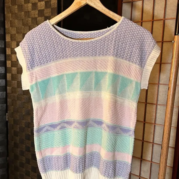 Vintage Sweater Vest Pastel Geometric Knit 80s Grandmacore Cottagecore College - Image 3