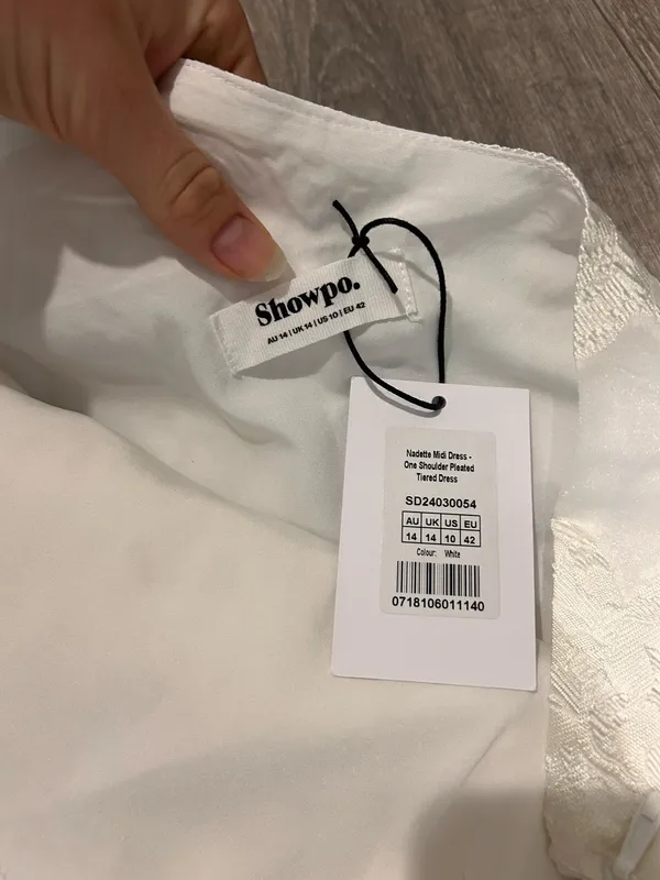 New Showpo Nadette Midi Dress One Shoulder Pleated Tiered Dress Medium MSRP $139 - Image 9