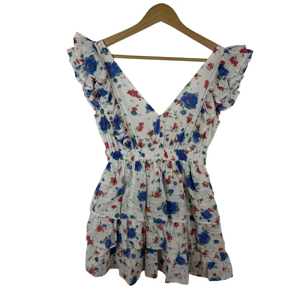 LoveShackFancy Bennett Mini Dress XS blue Notte Floral Cotton Cottage Boho Beach - Image 2