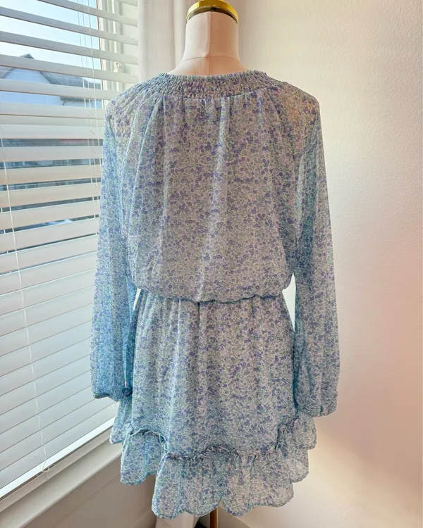 GB Blue Floral Long Sleeve Mini Dress Ruffle Hem Tie Neck - Image 2