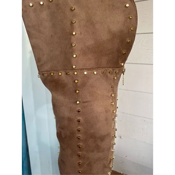New Venus Faux Suede Studded Over the knee Taupe Boots - Image 9