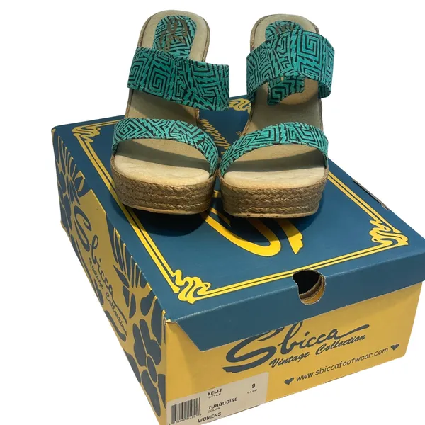 Sbicca Vintage Collection Kelli Turquoise‎ Geometric Espadrille Wedge Sandals 9 - Image 2