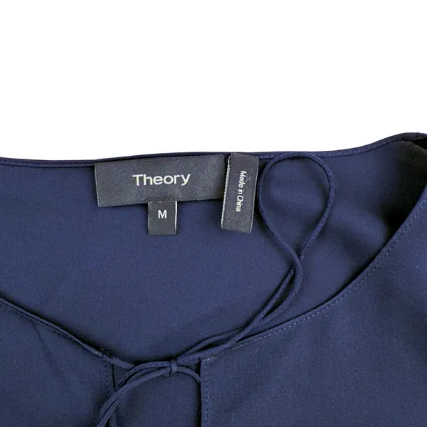 Theory Silk MED Navy Blue Keyhole Tie Front Cuffed Sleeve Blouse Tunic Minimal - Image 6