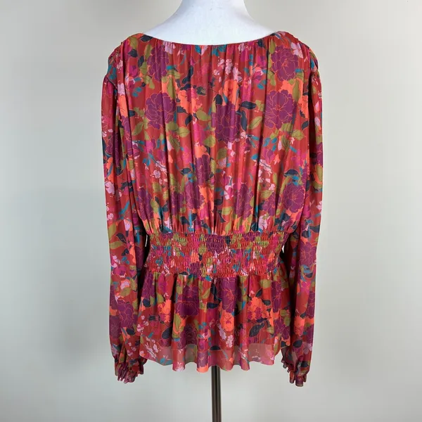 DR2 Babydoll Blouse Womens XL Smocked‎ Waist Peplum Stretch Floral Peasant Boho - Image 7