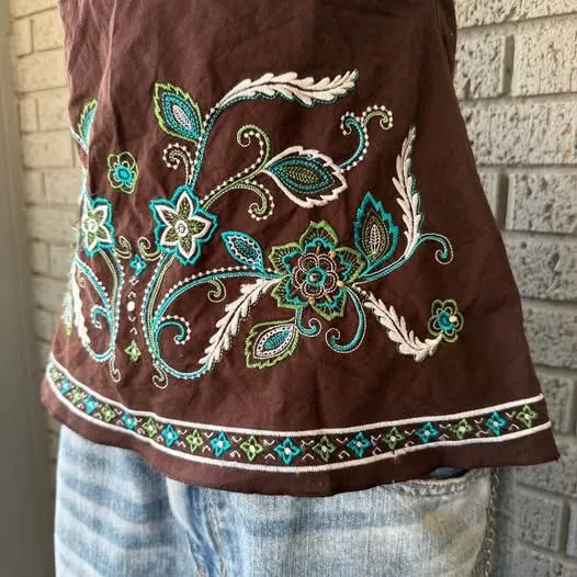 Heart soul Y2K Halter Top Tank Top Brown Blue Embroidered Size XL - Image 6