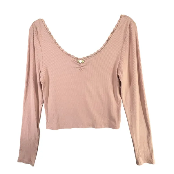 Pretty Garbage Long Sleeve Baby Tee Size L Pink Rib Knit Scoop Dainty Lace‎ Top - Image 4