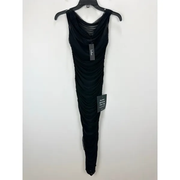 Lulus Sunama Black Mesh Ruched Bodycon Midi Dress Cocktail Party XS NWT - Image 6