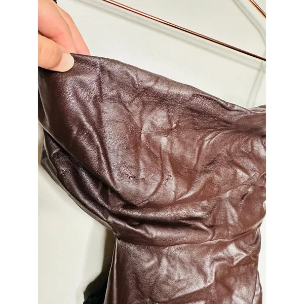 ALC Frank Brown Faux Leather Sleeveless Strapless Ruched Side Cutout Andie Dress 8 - Image 13