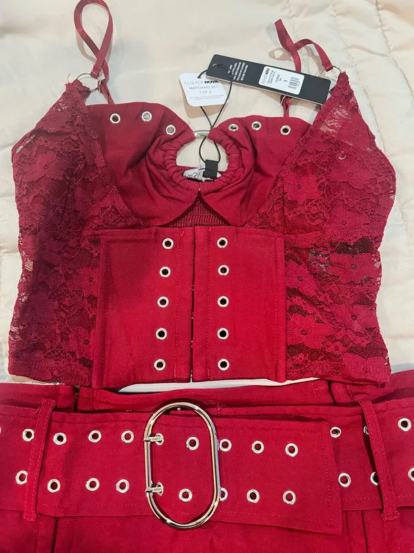 Red Lace-Trim Grommet Mini Dress Set - Women - Image 4