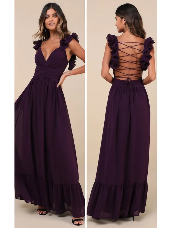 Lulus Soiree Celebration Purple Ruffled Lace-Up Maxi Dress Size XL Formal - Image 2
