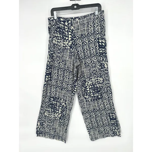 Solitaire Womens L‎ Blue Ikat Diamond Wide Leg Palazzo Pants Boho Hippie Indie - Image 2
