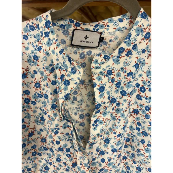Tuckernuck Calico Ditsy Floral Royal Shirt Dress Blue White Size Small - Image 3