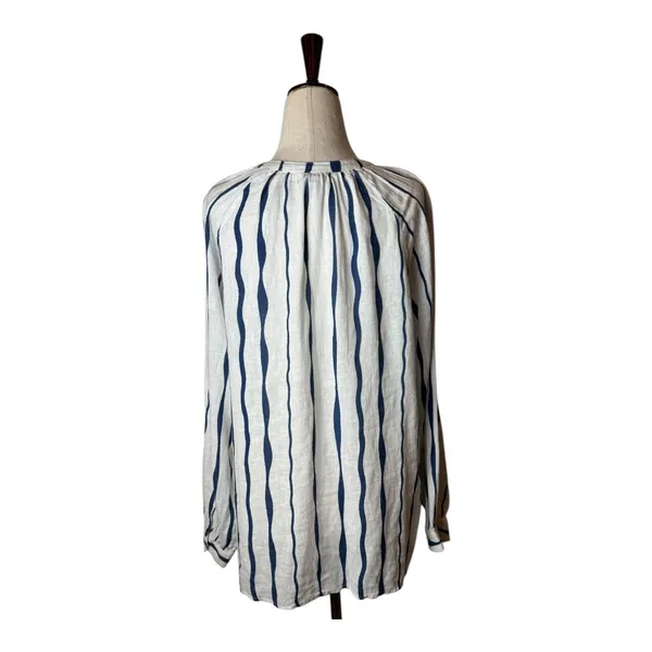 Rails Brielle Shirt Women Small White Blue‎ Wavy Stripe Linen Blend Tie Neck Top - Image 3