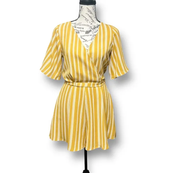 Altar'd State‎ S Yellow White Striped Wrap Romper Tie Waist Coastal Resort Beach - Image 3