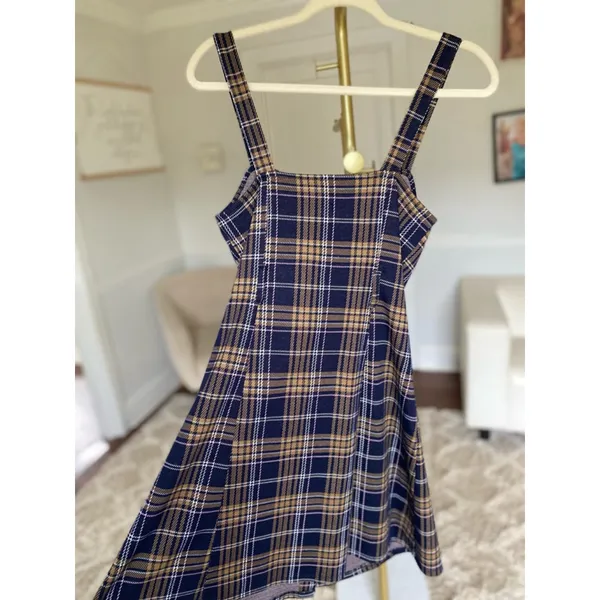 SO Plaid Mini Dress Dark Academia Summer Button Up Boho Baddie Festival Preppy M - Image 3