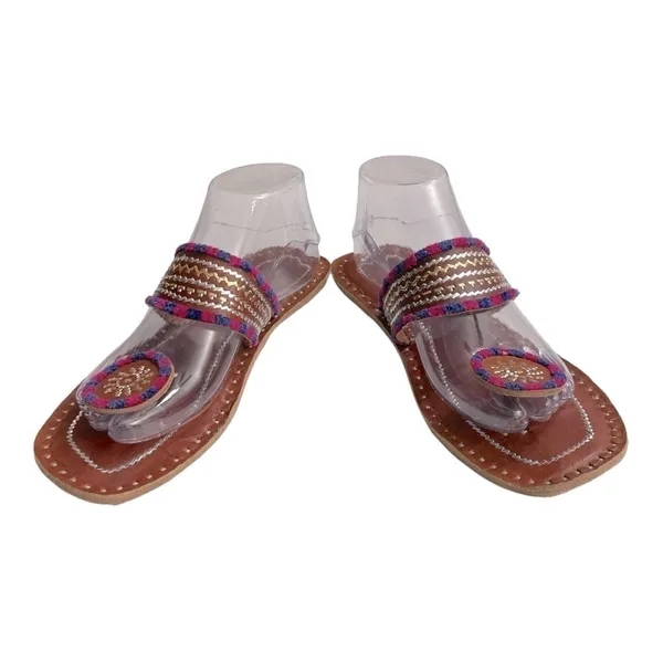 Kolhapuri Chappals Hand Embroidered Leather Flat Sandals Toe Ring 9 Brown - Image 7